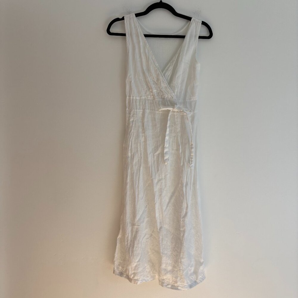 Made in Italy 100% Linen White Dress Surplice V Neck Lagenlook Beach Coastal